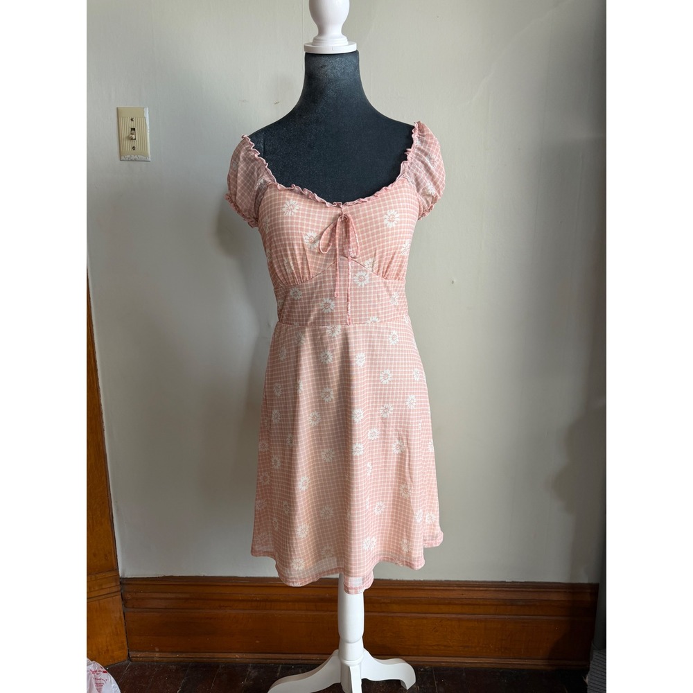 Pink Gingham Daisy Cottagecore Milkmaid Mini Dress Smocked mesh layered Y2K M
